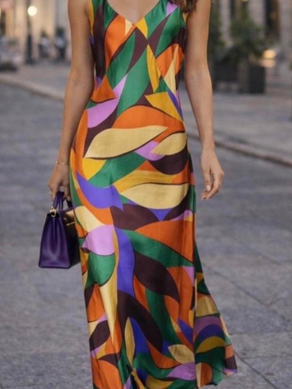 Joie Multicolor Abstract Print Maxi Slip Dress in Green, Orange, Purple